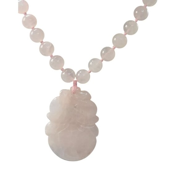 Chinese Rose Quartz Hand Knotted Mala Lotus Design Necklace 28" Vintage - Picture 3 of 16